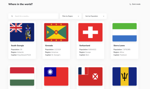 App's screenshot with cards containing country's flag and some information.
